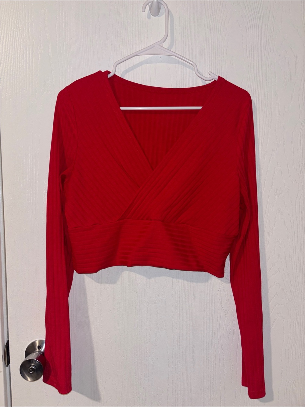 Red Wrap-Style Long Sleeve Crop Top Going Out Top